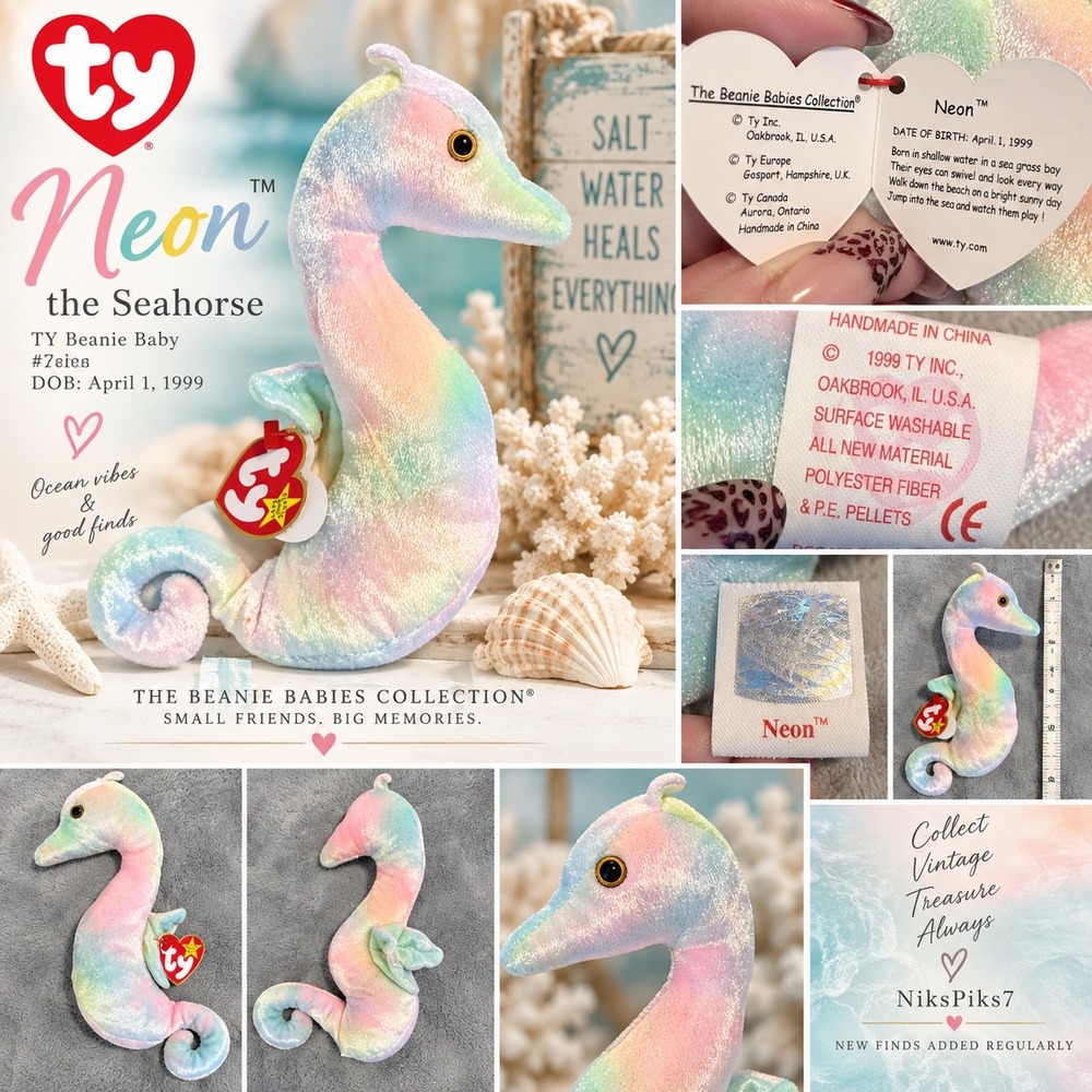 Vintage 1999 TY Beanie Baby Neon Seahorse Pastel Rainbow Plush w Tags